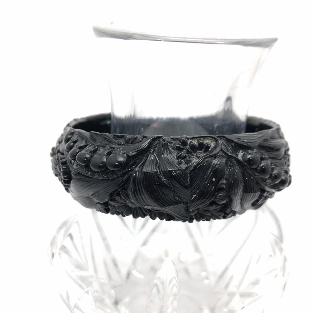 Vintage Floral Carved Black Statement Bangle